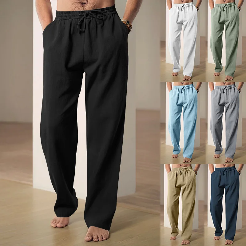 2024 Men's Cotton Linen Pants Male Autumn New Breathable Solid Color Linen Trousers Fitness Streetwear S-3XL