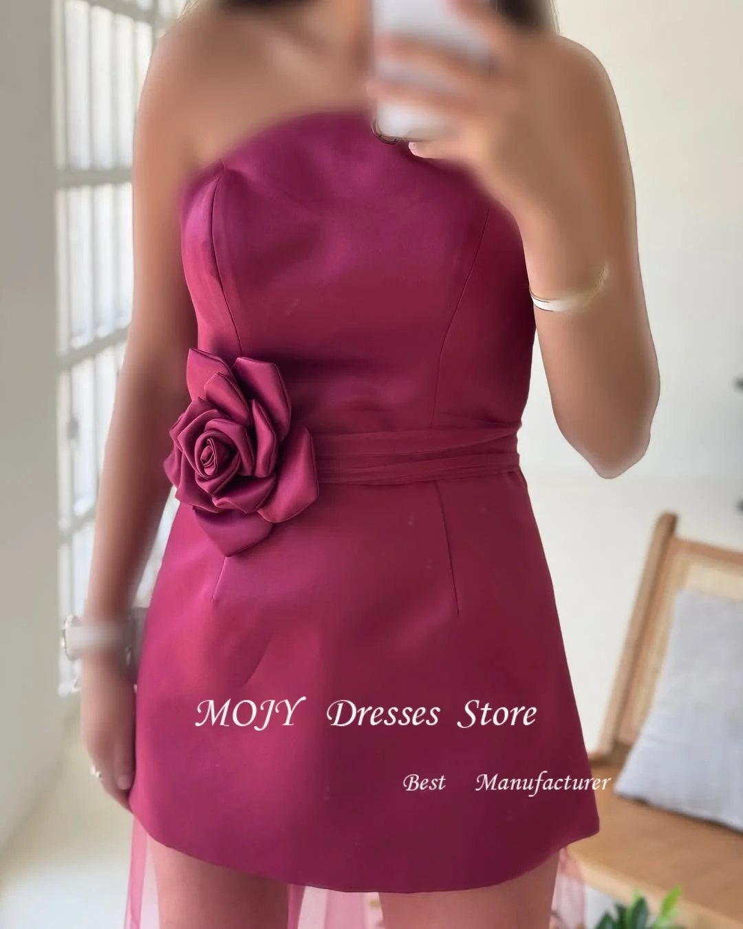 فساتين سهرة مثيرة من الساتان الأحمر من Mojy بدون حمالات مع زهور فساتين طويلة من التول مخصصة