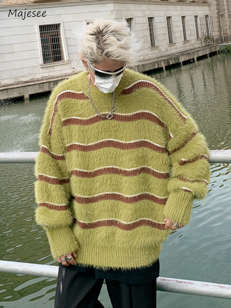 

Striped Sweaters Men Fluffy Loose Youthful Vitality American Style Hip Hop High Street Advanced Minimalist Versatile Hipster