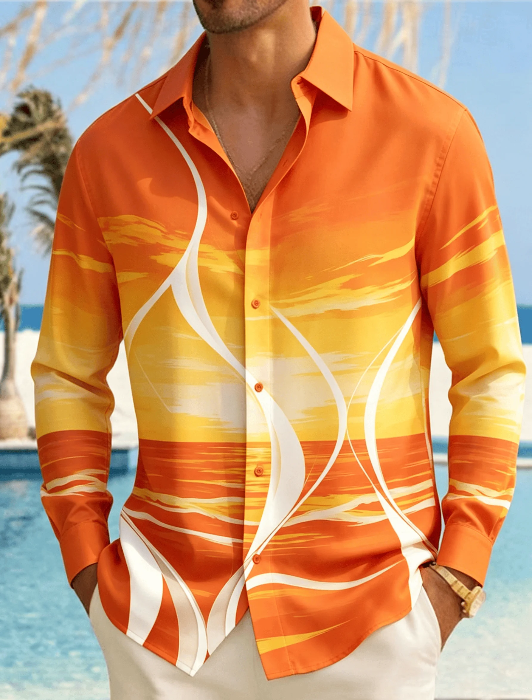 

Men's Orange Yellow Gradient Abstract Print Long Sleeve Shirt, Sunset Wave Pattern Casual Button Down for Spring & Summer