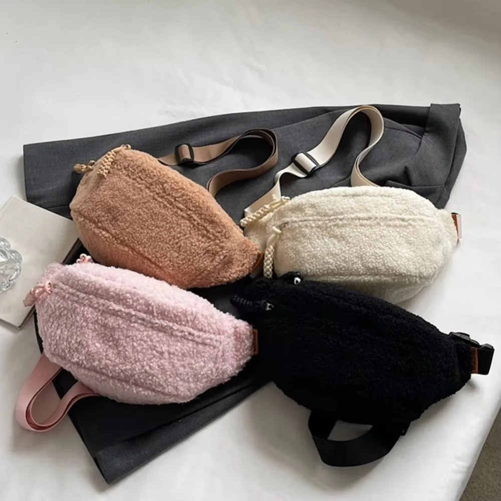 Cute Winter Fleece Crossbody Bag Solid Color Casual Shoulder Bag Adjustable Strap Waist Bag Daily Commuting
