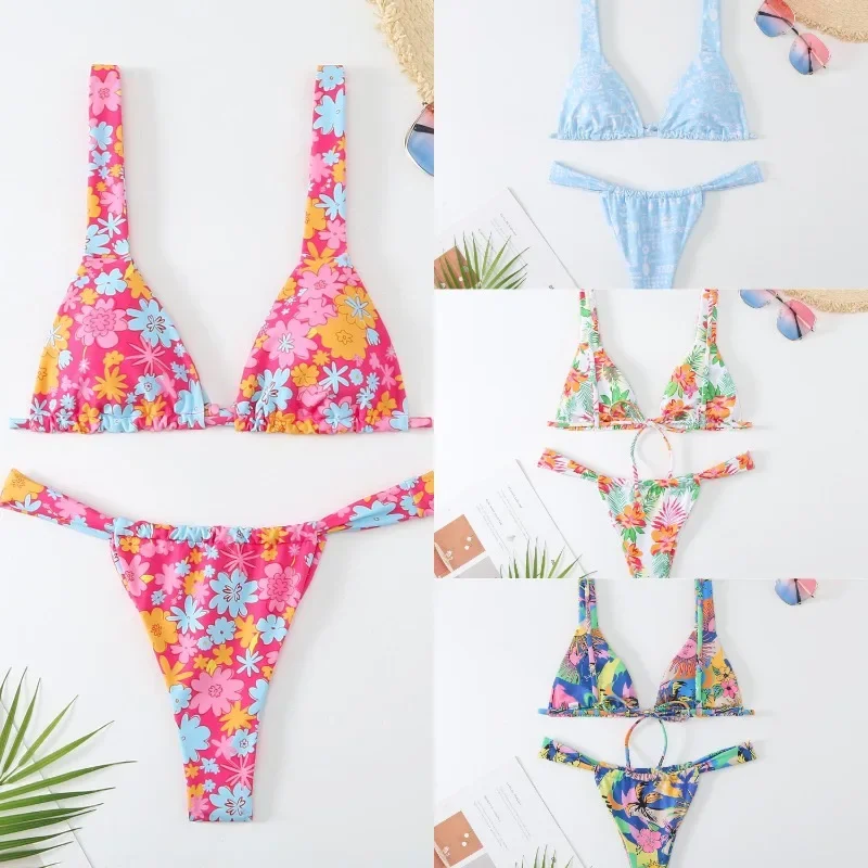 Frauen Sommer Bikini Set schöne Blumen druck Set niedrige Taille 2-teiliger Badeanzug Tanga Bade bekleidung Sommer Strand Urlaub Badeanzug