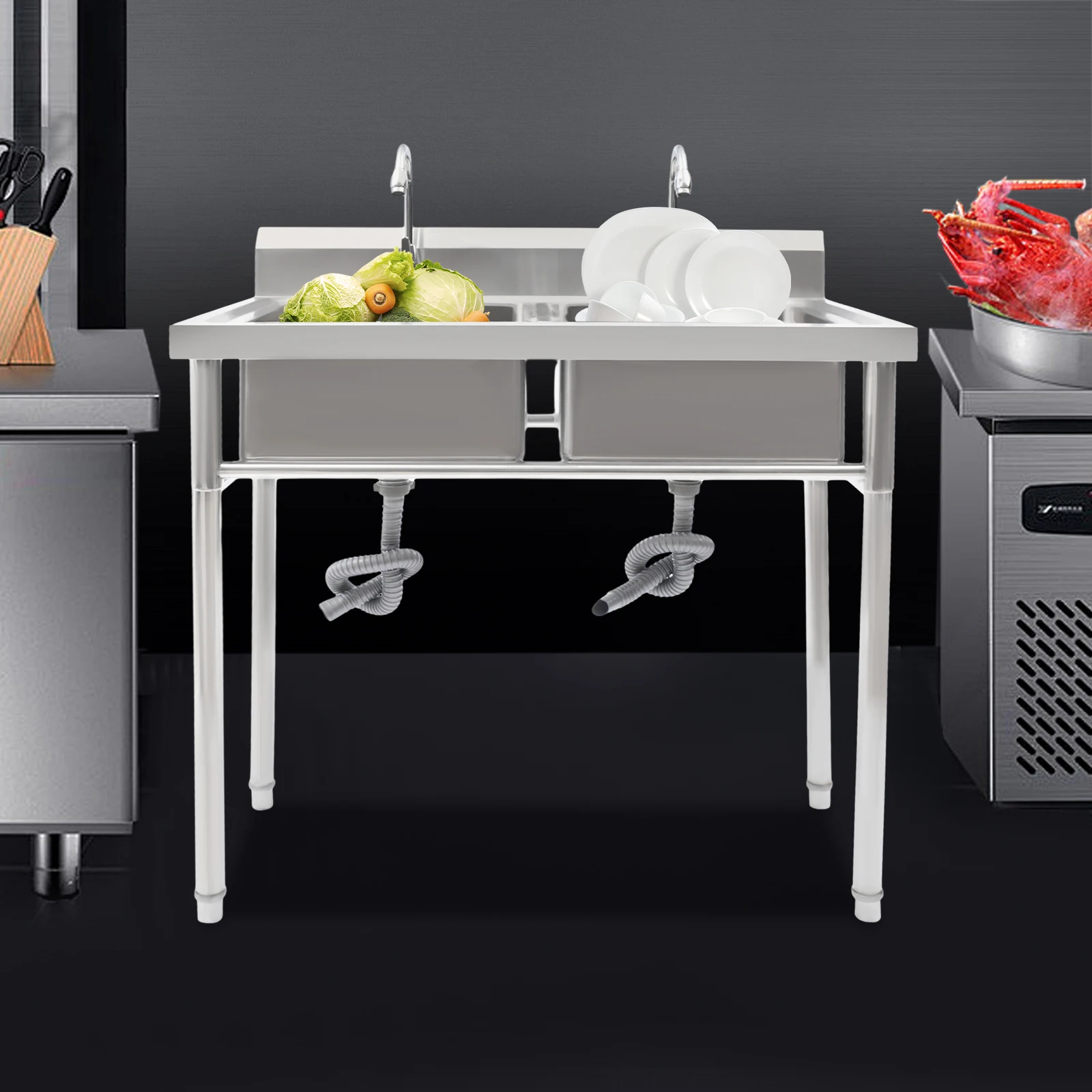 

Commercial Stainless Steel Sink 2 Compartment Free Standing Utility Sink for Garage Restaurant