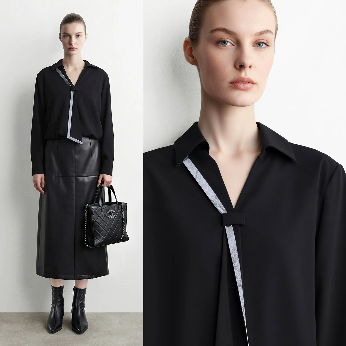 Amii Autumn New Shirts Contrast Tie Lapel V Neck Loose Chiffon Blouse Long Sleeve Commuter Office Tops Women Clothes 12623024