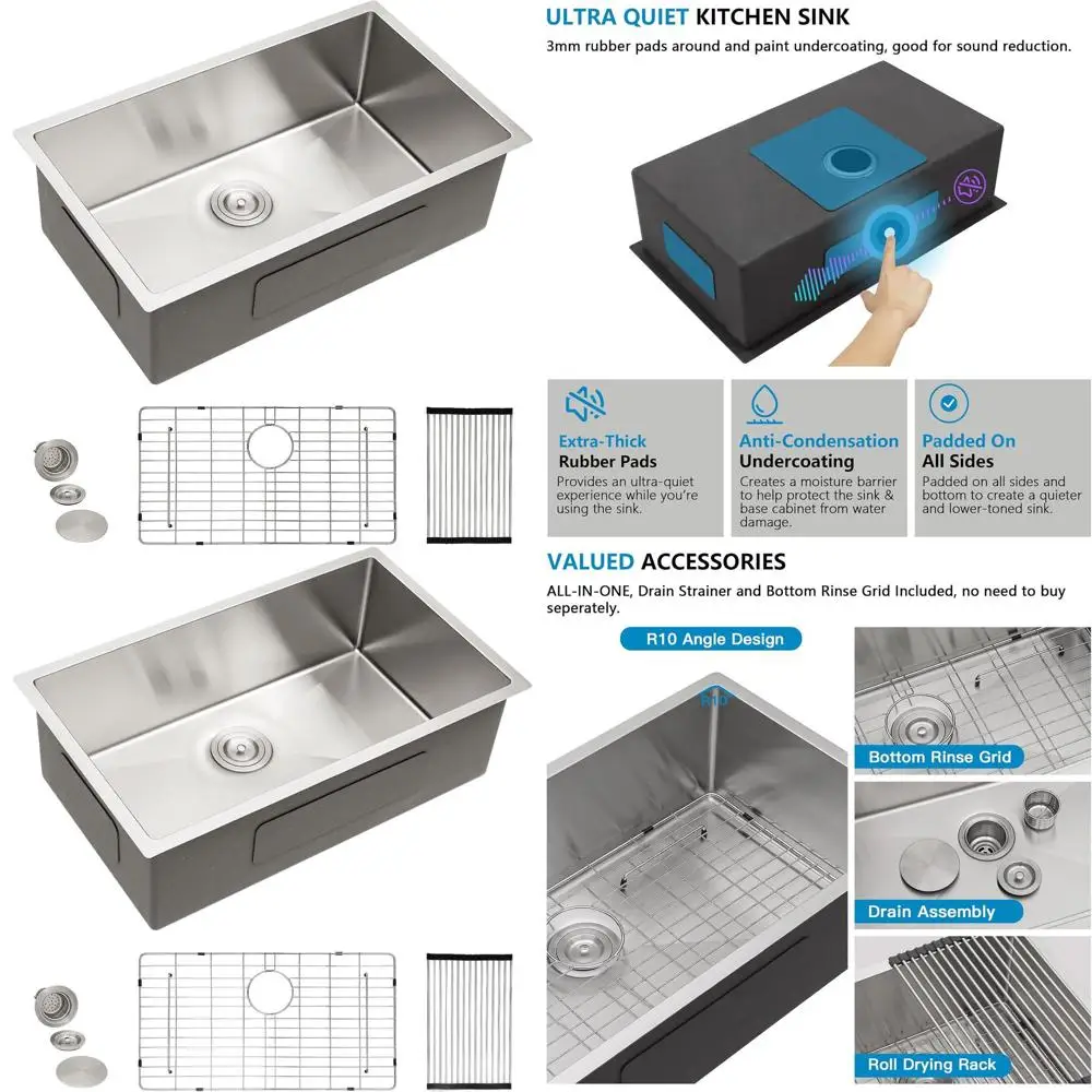

Кухонная мойка из нержавеющей стали 16-го калибра, 30 дюймов, одинарная, для установки под столешницу, 30x18
