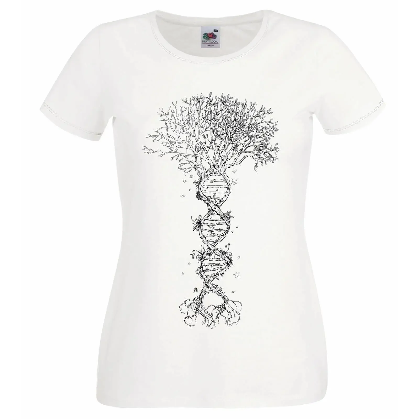 Weißes Damen-T-Shirt, Lebensbaum, DNA, menschlicher genetischer Code, heiliger Baum, Lady Fit, Vintage, gewaschen, vielseitige Mode