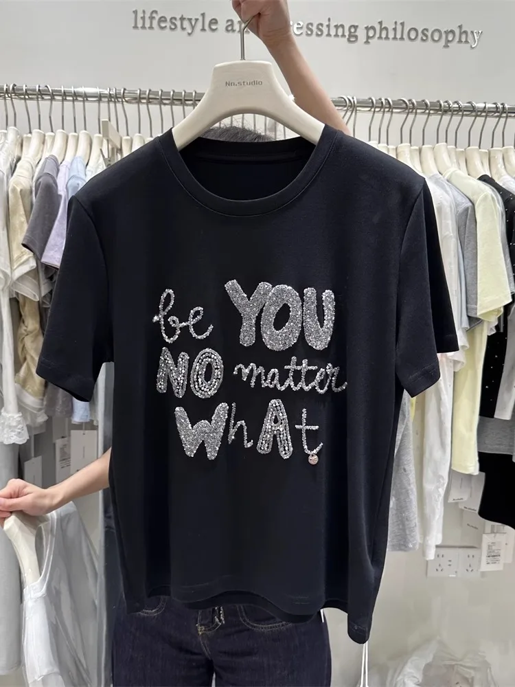 Pure Cotton Short Sleeve T-shirt Women 2025 New Summer All-match Loose O-neck Pullover Top Embroidery Sequins Casual Basic Tees