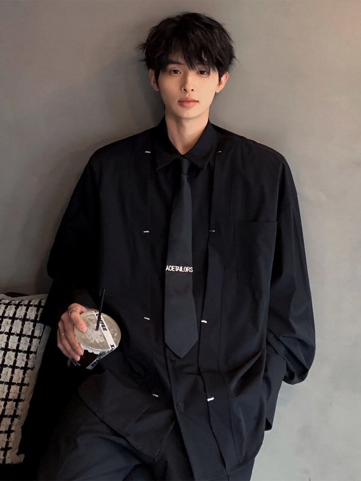 

Bla Spliced oulder Pad irt Men's Long Sve Spring Autumn Korean Trendy Cool Sexy Outerwear Loose Fit Youthful ular