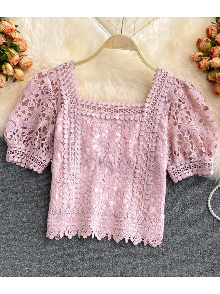 Women Summer Blouse Bubble Sleeve Square Neck Doll Shirt Water Soluble Lace Hook Flower Hollow Out Shirt Western Short Top D2063