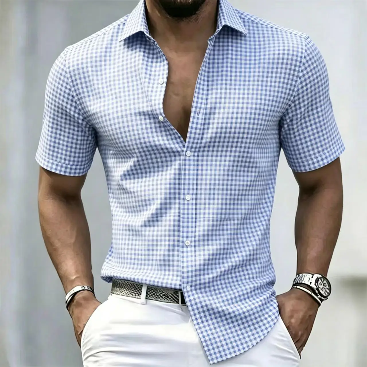 Men's Black and White Checkered Short-Sleeved Shirt, Slim Fit Casual Business Button Style, Summer Breathable Top 2026 New Item