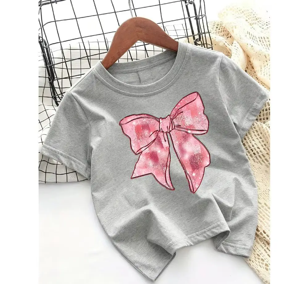 Children's Round Neck T-shirt Comfortable Soft Skin Friendly Fashionable and Casual Summer New Style Simple Bow Print Top