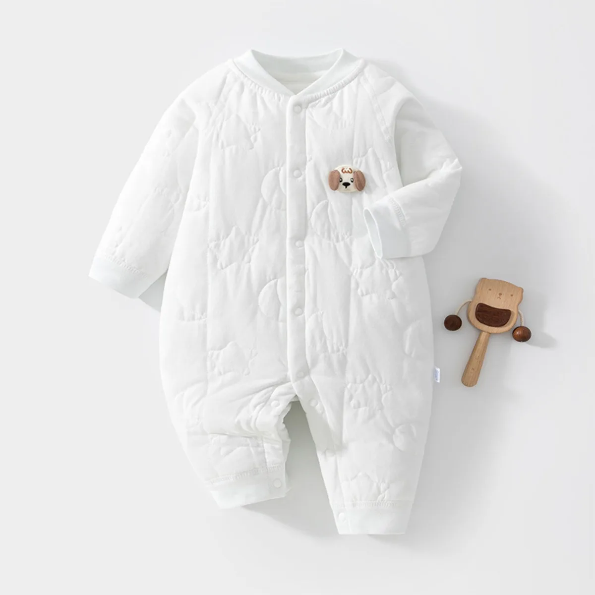 Light Quilted Baby Romper Front Snaps Soft Cotton Onesie Thermal Autumn Winter Infant Toddler Lounge Wear with Cute Patch 0-18M