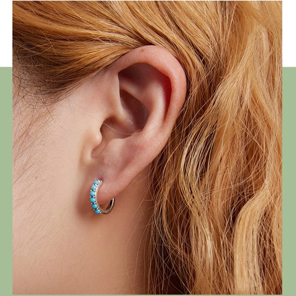 Exotic Ethnic Style Simple Turquoise Hoop Earring Vintage Non Tarnish Womens 925 Silver Earring