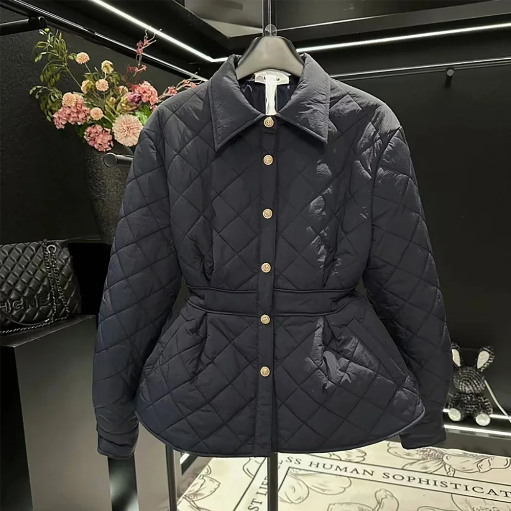 

Diamond Grid Cotton Coats Women Autumn Winter Single Breasted Slim Waist Quilted Jackets Female Snow Wear Thick Warm Outerwear