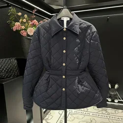 Diamond Grid Cotton Coats Women Autumn Winter Single Breasted Slim Waist Quilted Jackets Female Snow Wear Thick Warm Outerwear