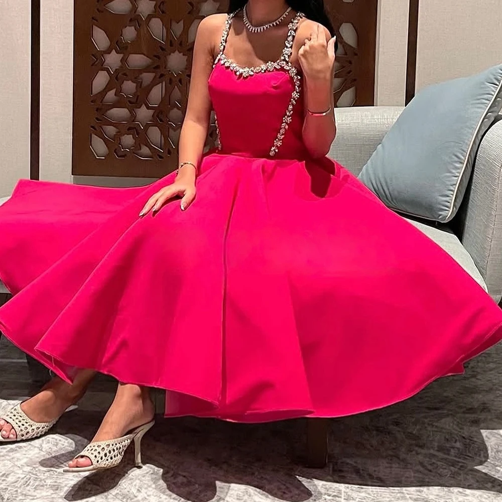 Customized A-line Evening Dresses Tea-length Spaghetti Strap Sleeveless Prom Gown Fashion Crystal Simple Draped Party Gown