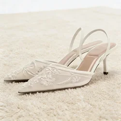 Elegant Mesh Embroidered Flowers Designer Heeled Sandals Women 2025 Summer Sexy Slingback Pointed Toe Thin High Heels Dress Shoe