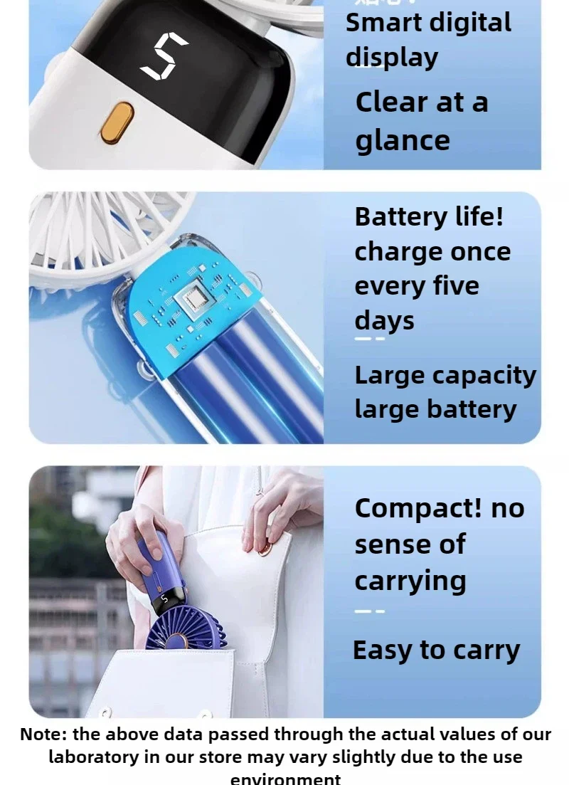 Ручной цифровой дисплей, небольшой вентилятор, 12000 мАч, бесшумный офисный стол, USB-электрический вентилятор, портативный портативный зарядный вентилятор, складной, 5 передач