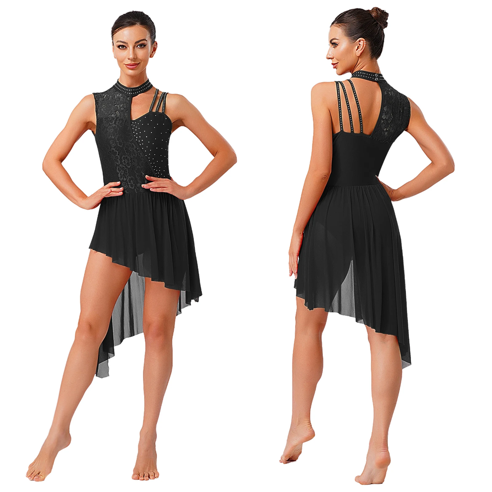 Vestido de leotardo de danza lírica moderna con diamantes de imitación de encaje Floral para mujer, traje de actuación de Ballet, patinaje artístico, vals, Cha-cha latino
