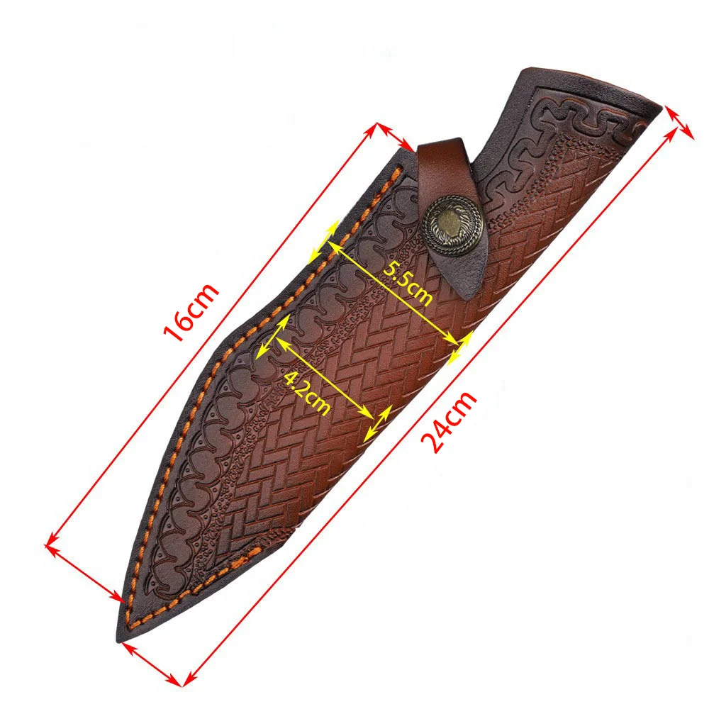 24cm Fixed Blade Knife Scabbard Embossed Cowhide Second Layer Leather Camping Knife Case Hunting Holsters with Belt Buckle