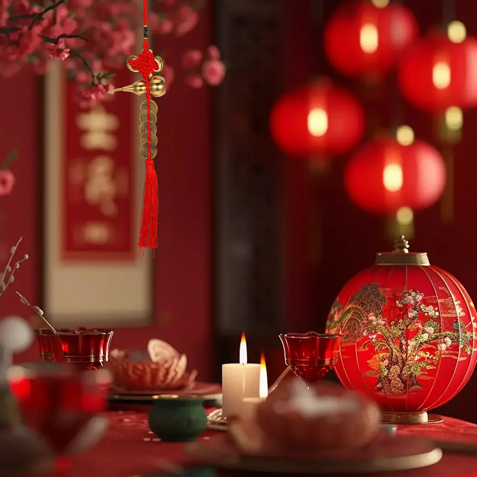 

Chinese New Year Gourd Tassel Pendant Car Ornament Traditional Knot Hanging Decoration Five Emperor Coins Lucky Charm Prosperity