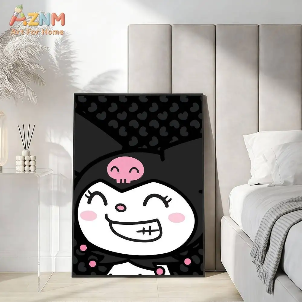 AZNM Kuromi Kawaii Sanrio - Arte de pared en lienzo, póster impreso sin marco con personaje de dibujos animados, pintura en lienzo con temática de calavera y corazón negro