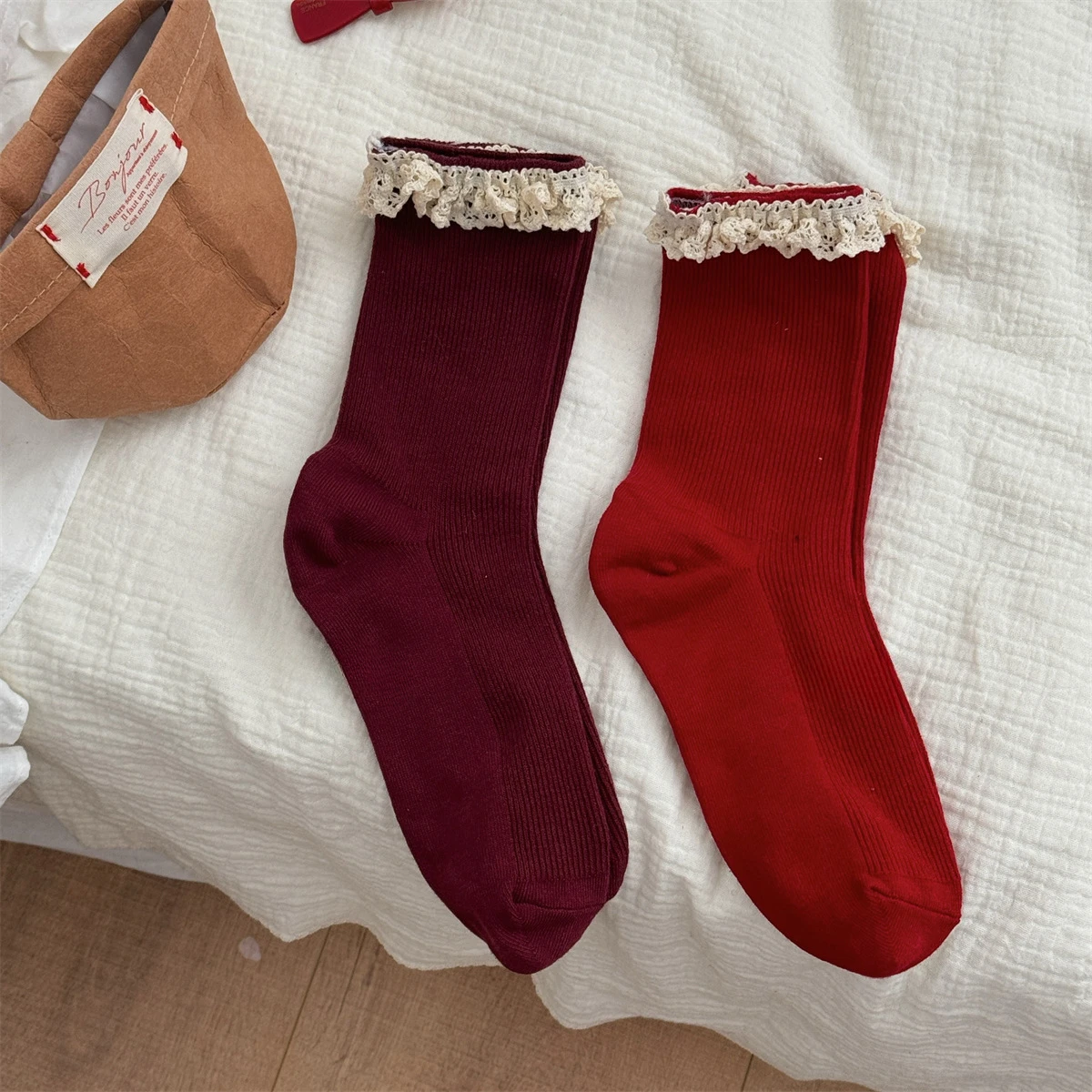 Lolita Lace Ruffle Socks Women Harajuku Vintage Knitted Cotton Elastic Long Socks JK Sweer Girls Retro Red Middle Tube Socks Sox
