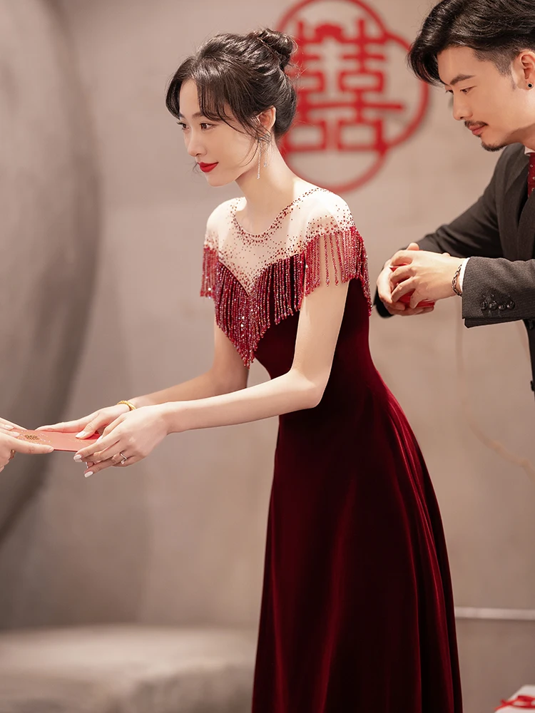 

Slimming Velvet One-oulder Fringed Evening Dr for Wedding Reception Thank You Dinner Ele Long Zipper Ba Gown