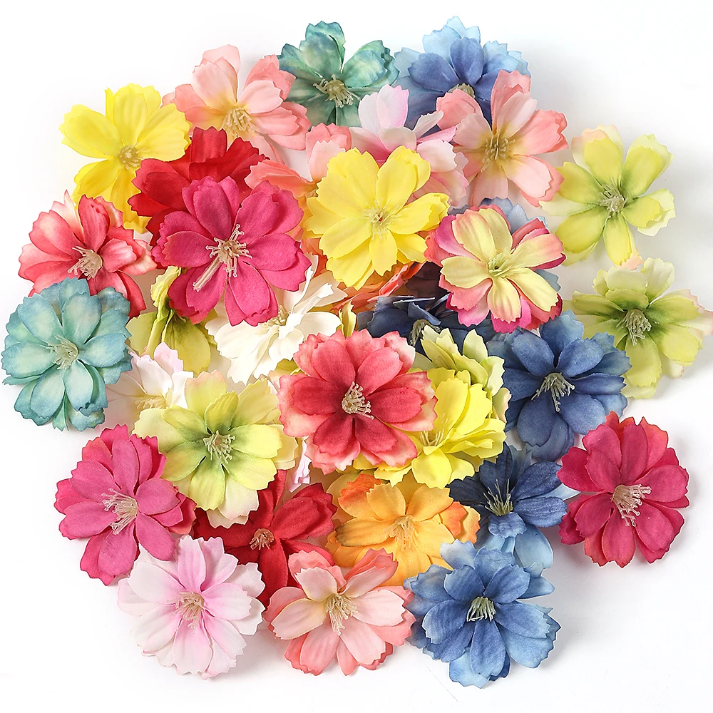 50Pcs Artificial Cherry Blossom Flowers Head Fake Plum Blossom Flower Decoration For Home Wedding Party Car Corsage Decorations
