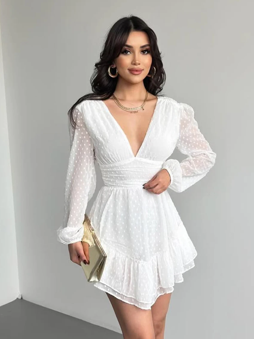 

Marthaqiqi White Elegant Women Nightwear Long Sleeve Sleepwear V-Neck Pajamas Lace Up Pyjamas Mini Dress Casual Ladies Nightgown