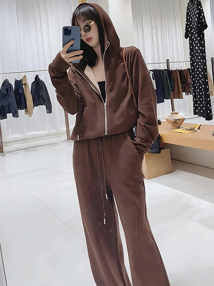 

Fashionable Anti-Aging Autumnal Mermaid Casual Sportswear Set Women's Wide Leg Pants Top Two-Piece Ensemble Zipper Closure