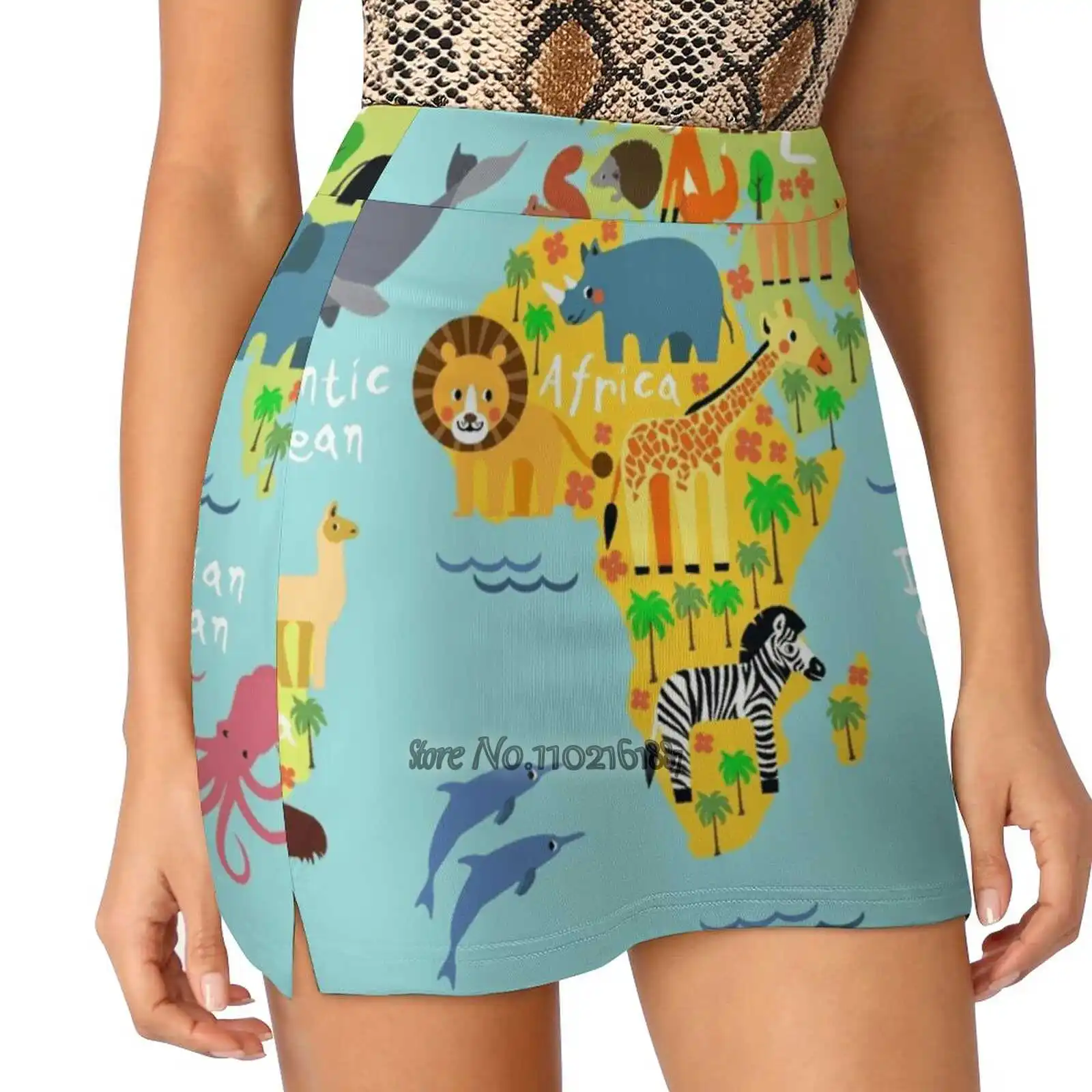 World Animal Map Tennis Golf Skirt Sexy A-Line Harajuku Shorts Skirt With Phone Pockets Skort Animal World Pet Kids Map