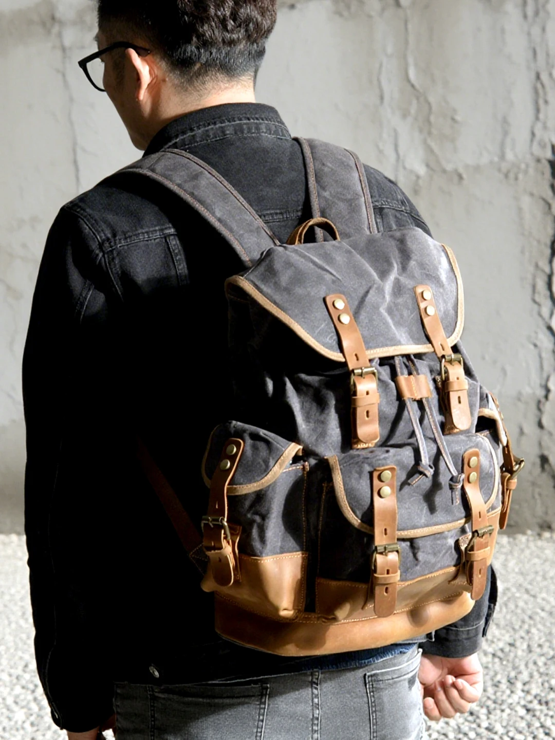Retro Canvas Oil-Wax Waterproof Backpack Leisure Travel Computer Large Capacity Bookbag Motorcycle Grey Double Shoulder Bag
