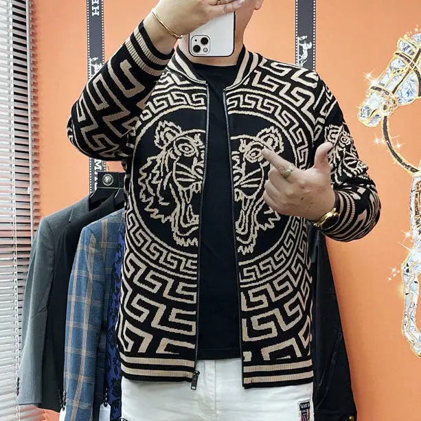 Spring and Autumn Winter Trendy Brand Tiger Head Zipper cardigan Men\'s Fat and Large Size Knitted Jacket