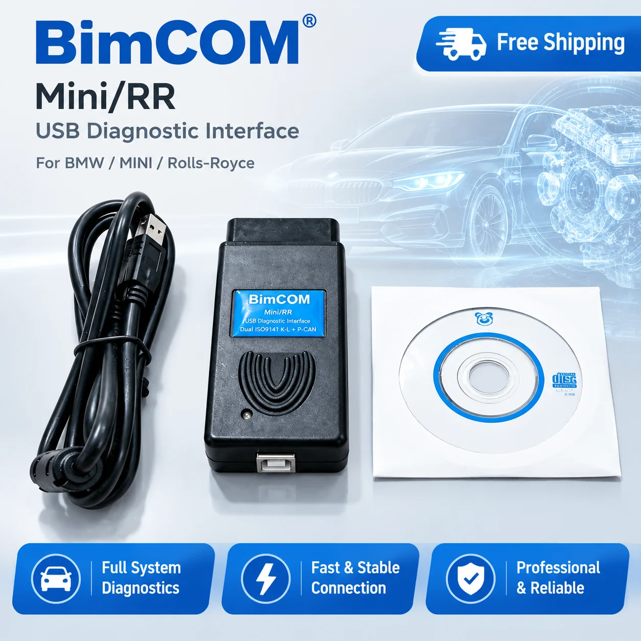OBDIIVCI OBD2 BimCOM MiniRR Scanner USB Diagnostic Cable Auto Code Reader K-Line CAN for V-W Au-di Sk-oda Se-at Car Tools