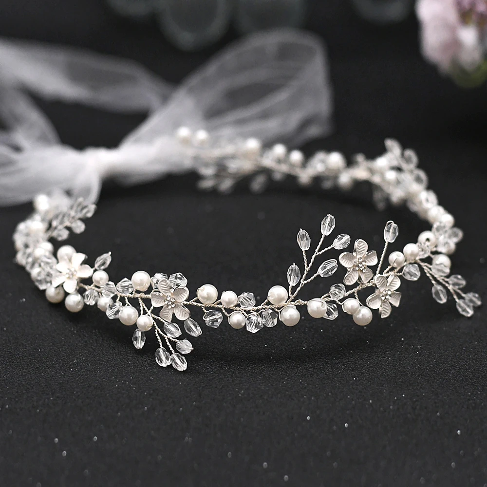 Diadema de boda de perlas con flores, vid de pelo nupcial con cinta, corona de pelo para comunión, tocados de cristal para niñas y mujeres