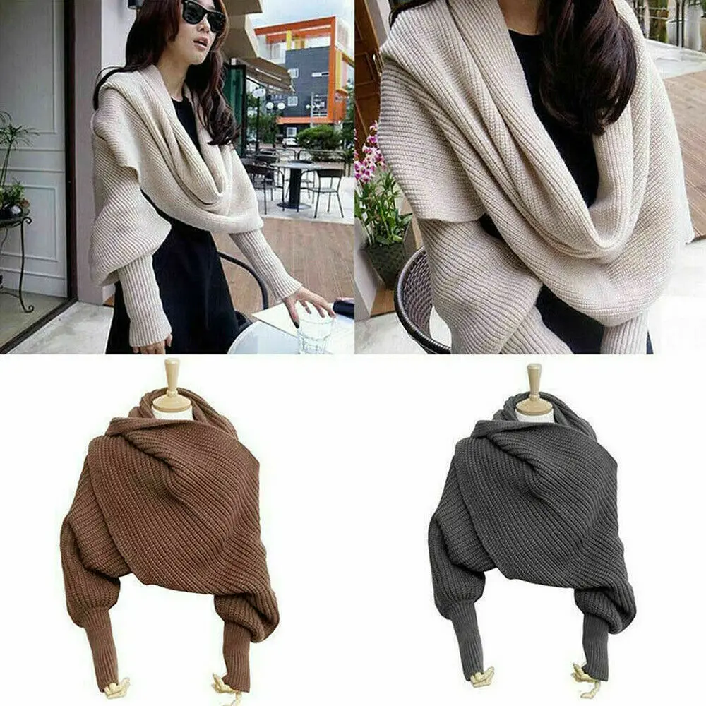 10 Colors Women Knitted Sweater Tops Scarf with Sleeve Wrap Winter Warm Shawl Scarves Sweaters