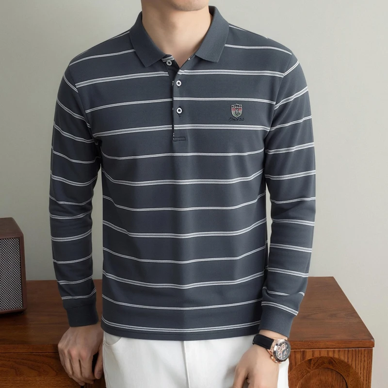 High end Brand badge embossed long sleeve polo shirt fashion stripes men autumn business leisure comfort luxury Paul new T-shirt