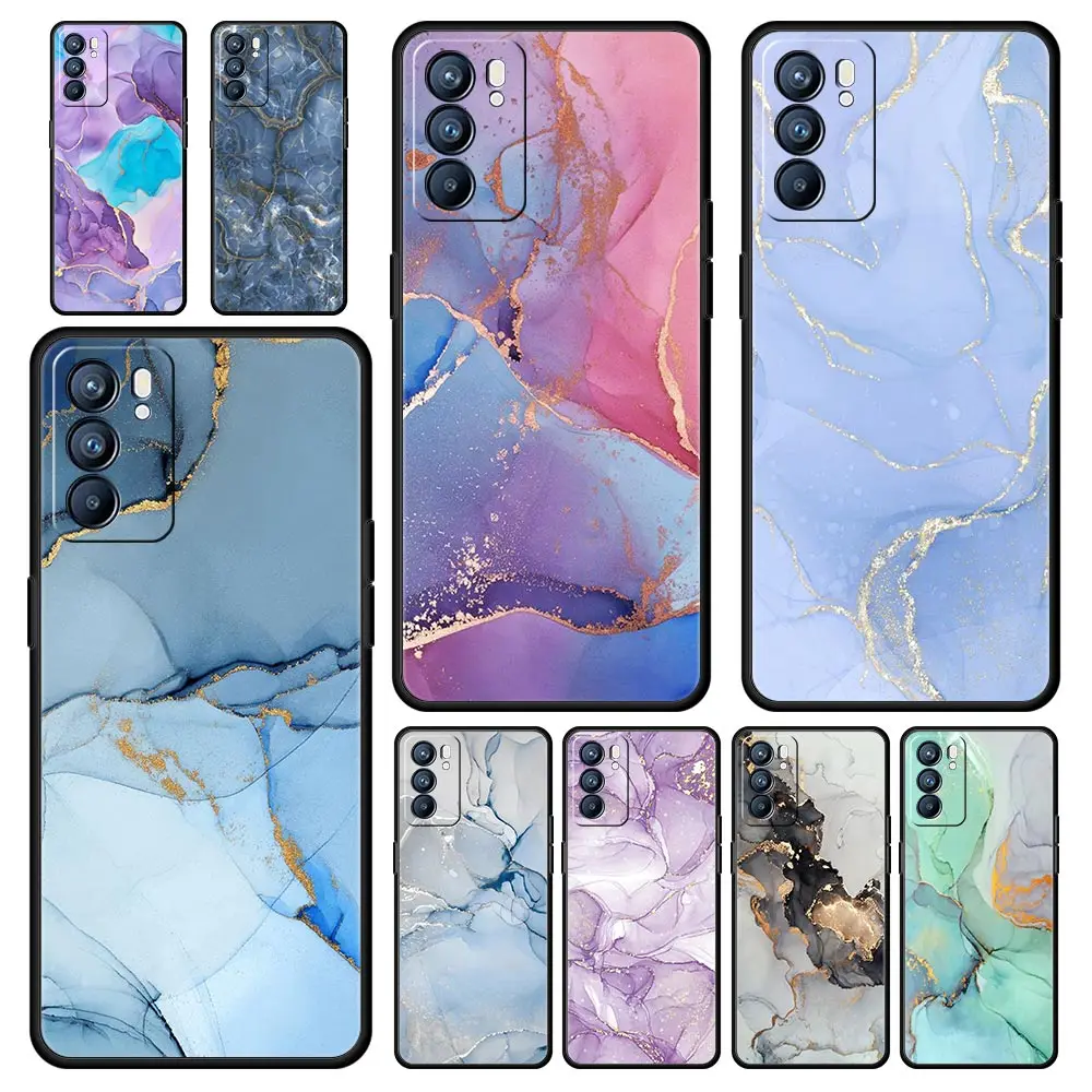 Marble Ink wash Phone Case For Oppo A54 A53 A52 A9 2020 A15 A95 A16 A76 A74 A12 Find X5 Reno7 SE Reno6 Pro Plus 5G Black Cover