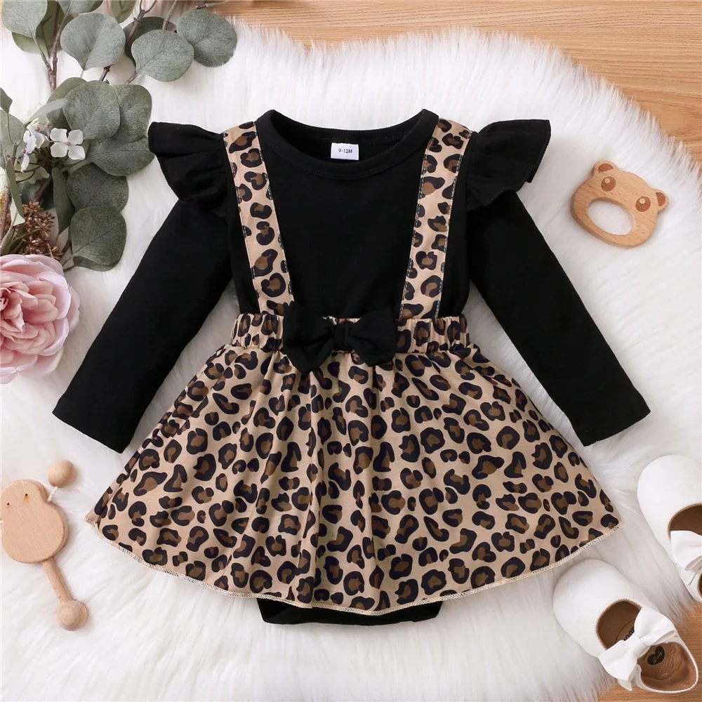 Newborn Baby Girl Bodysuits with Skirt Hem Long Sleeve Leopard Dresses Baby Onesie Autumn Fashion Romper for Infant 0-18Months