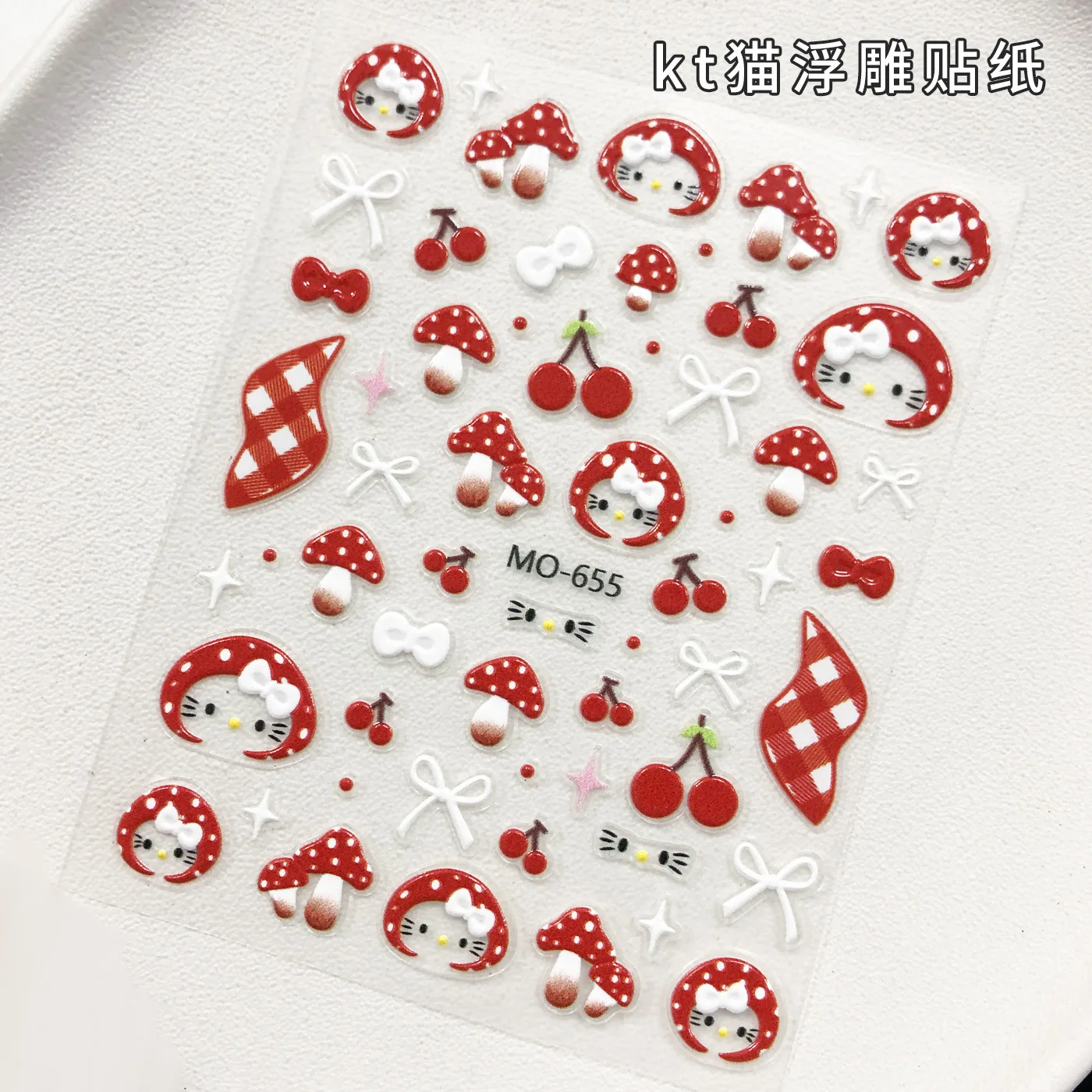 Set da 3 adesivi per unghie Hat Kitty - Nail art con fiocco e fungo 3D, decorazioni per unghie a pressione con simpatico cartone animato per manicure alla moda