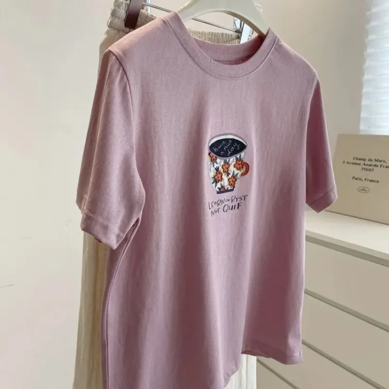 Women's Summer Pure Cotton Korean Style Casual Teacup Print Short Sleeve Tee