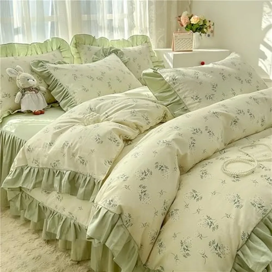 

4pcs Duvet Cover Set Queen Size-100% Luxury Cotton Ultra Soft Ruffle bedding set includ 1 Duvet Cover with Zipper Ties, 1 Fitte