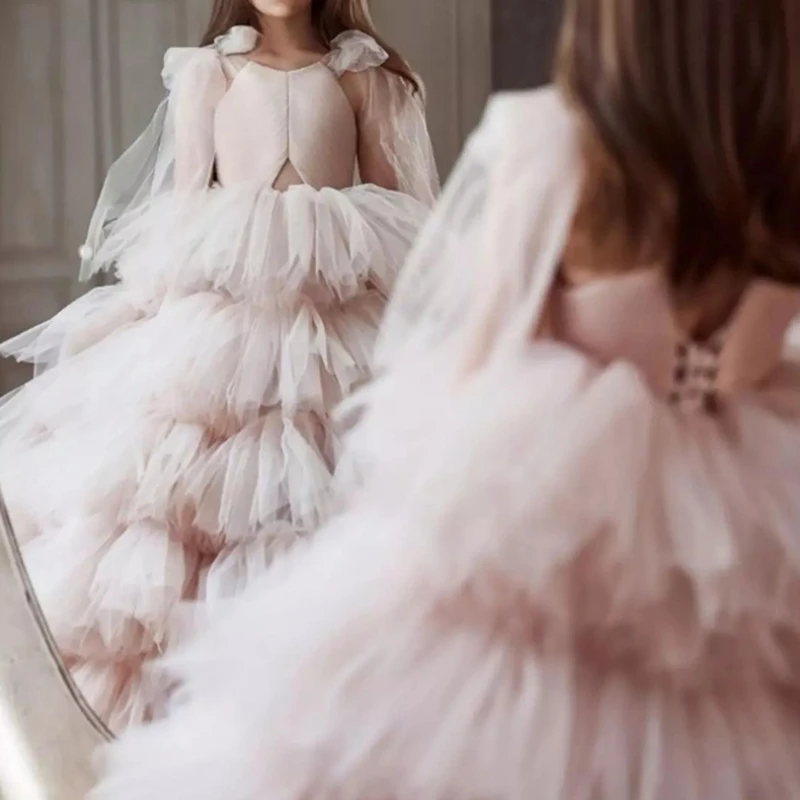 Vestidos escalonados de tul para niña, manga de lazo de cola para boda, fiesta de cumpleaños, vestidos de primera comunión, rosa y negro