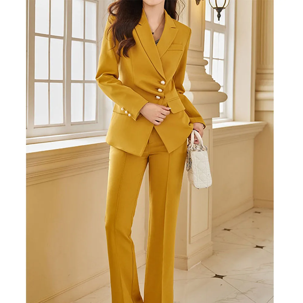 Tesco Women Suit Sets 2 Piece Pearl Button Ruched Blazer Fashion Pantsuits Formal Outfit For Office Lady Pant Sets ropa de mujer