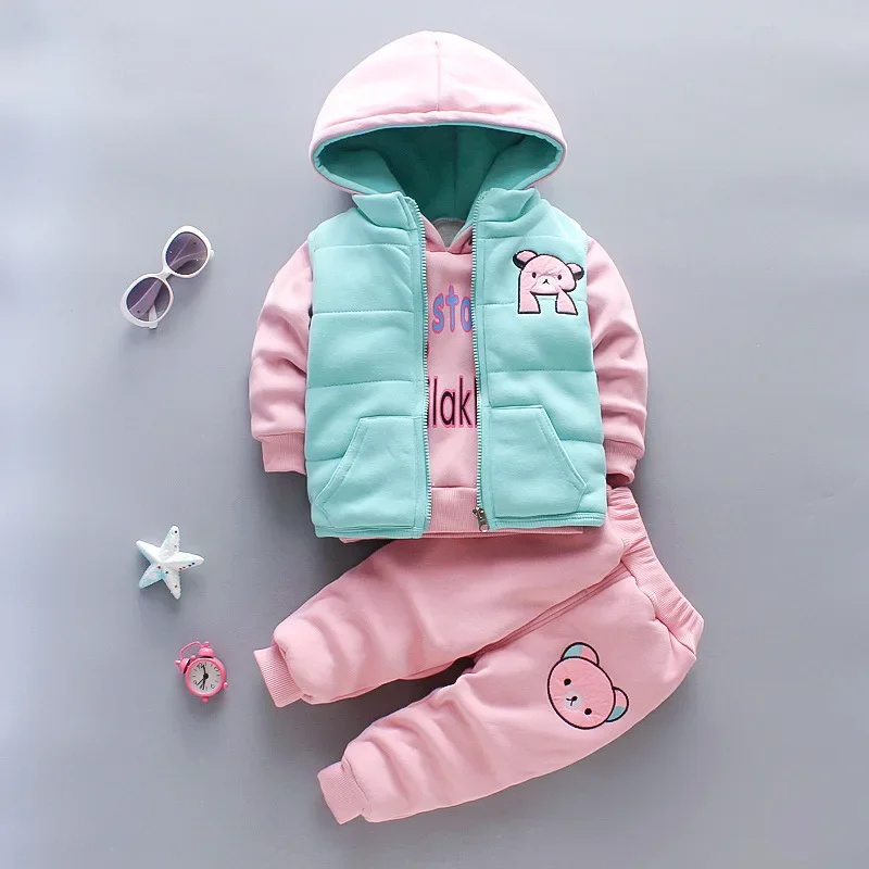 2024 Winter Baby Boys Girls Clothing Sets Autumn Cotton Thick Warm Hooded Sweater Cartoon Cute Bear Three-Piece Kids Suit 0-5Y