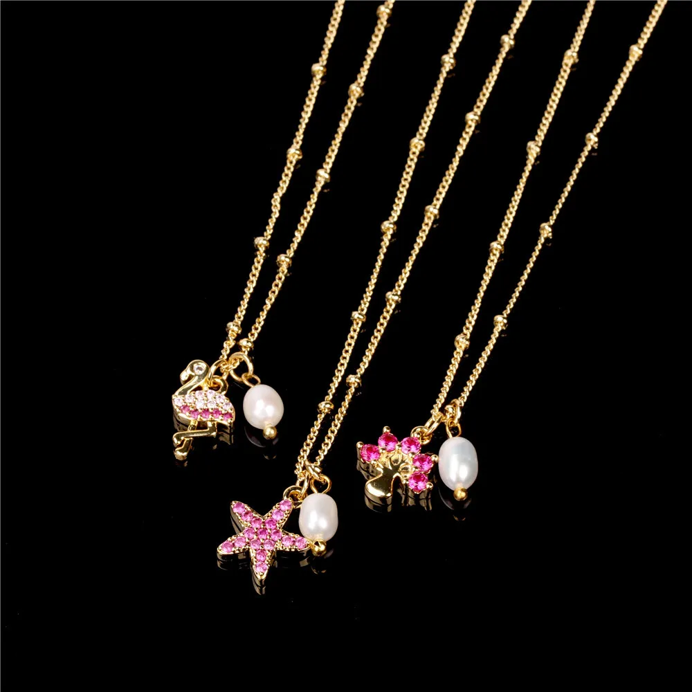 Fashion Diamond Starfish Tree Of Life Flamingo Necklace Female Simple Design Sense Freshwater Pearl Personality Clavicle Chain