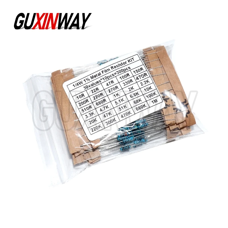 30 видов сопротивления 1/4 Вт, 1% комплект металлопленочных резисторов, набор резисторов 1 К, 10 К, 100 К, 220 Ом, 1 м