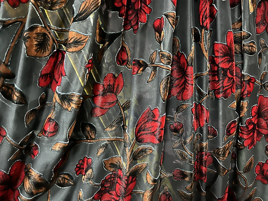 

High Quality Real Silk Gold Velvet Fashion Cloth Red Peony Hollow out Etched-out Designer Fabric Cheongsam Qipao Dress