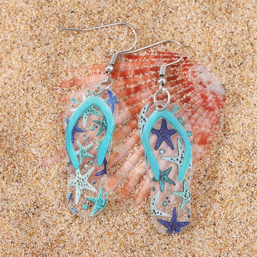 New Ocean Style Blue Sea Star Turtle Slippers Earrings Hawaii Beach Vacations Acrylic Earrings Beach Party Gifts